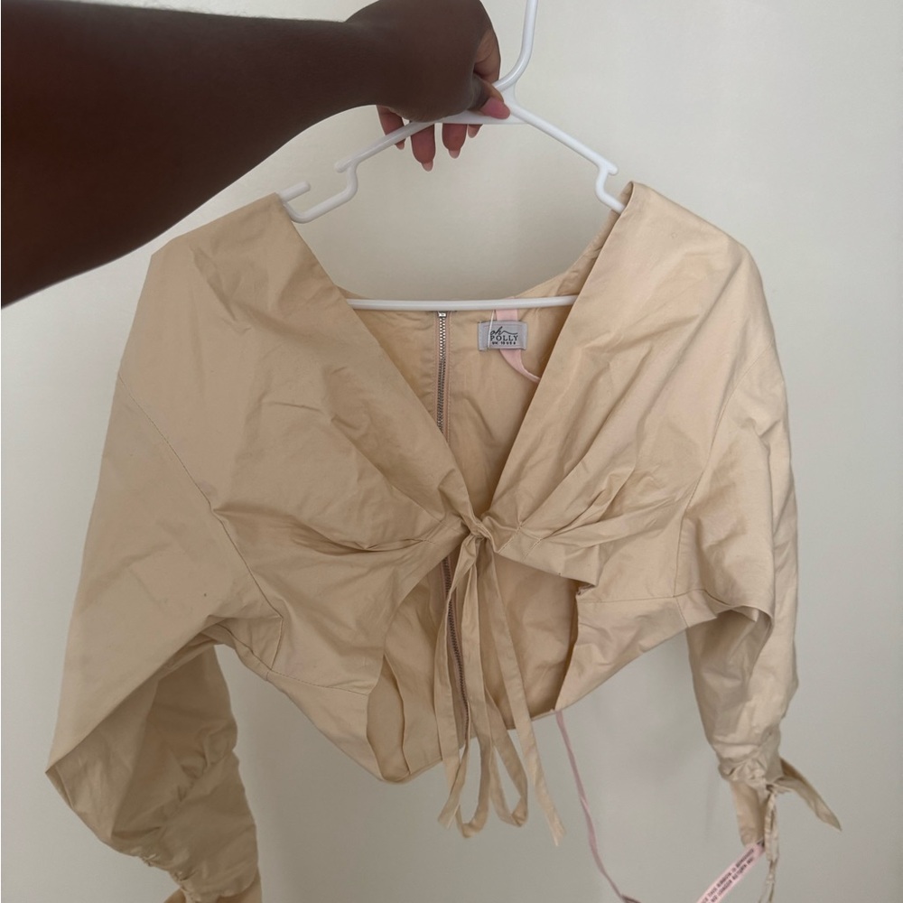 Oh Polly Tan Sailor Collar Tie-Front Crop Blouse